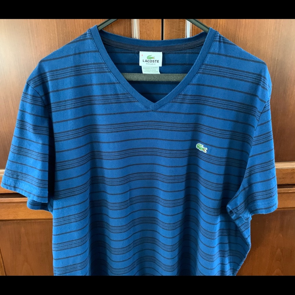 Lacoste dark blue cotton striped V neck men’s tshirt logo short sleeves size 8